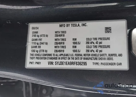 2024 Tesla Model 3 Long Range Dual Motor All-Wheel Drive/Rear-Wheel Drive from USA, damaged, VIN 5YJ3E1EA9RF836295